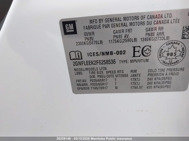 Aukcja sprzedaży 2015 Chevrolet Equinox Ls, vin: 2GNFLEEK2F6258536, numer aukcji: 20258146
