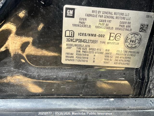 20258177 :رقم المزاد ، 3GNCJPSB4GL273691 vin ، 2016 Chevrolet Trax Lt مزاد بيع