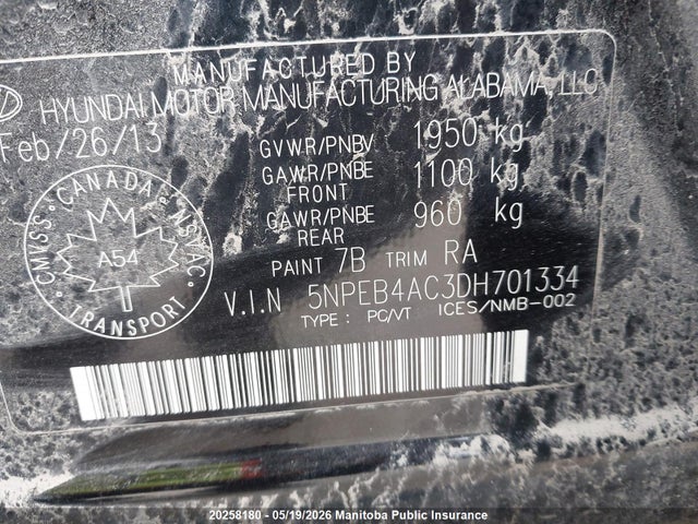 Aukcja sprzedaży 2013 Hyundai Sonata Gl, vin: 5NPEB4AC3DH701334, numer aukcji: 20258180