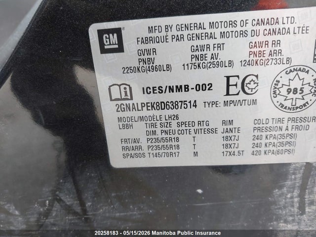 2013 Chevrolet Equinox Lt მანქანა იყიდება აუქციონზე, vin: 2GNALPEK8D6387514, აუქციონის ნომერი: 20258183