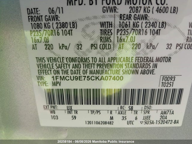 Продажа на аукционе авто 2012 Ford Escape Limited, vin: 1FMCU9E75CKA07400, номер лота: 20258184