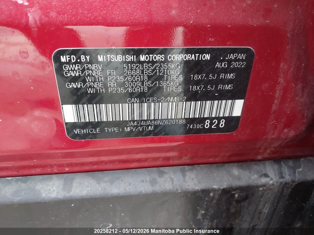 JA4J4UA86NZ620188 Mitsubishi Outlander Se