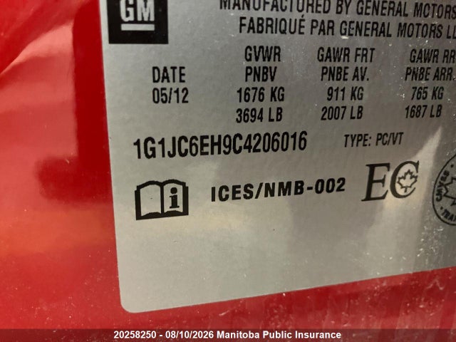 20258250 :رقم المزاد ، 1G1JC6EH9C4206016 vin ، 2012 Chevrolet Sonic Lt مزاد بيع