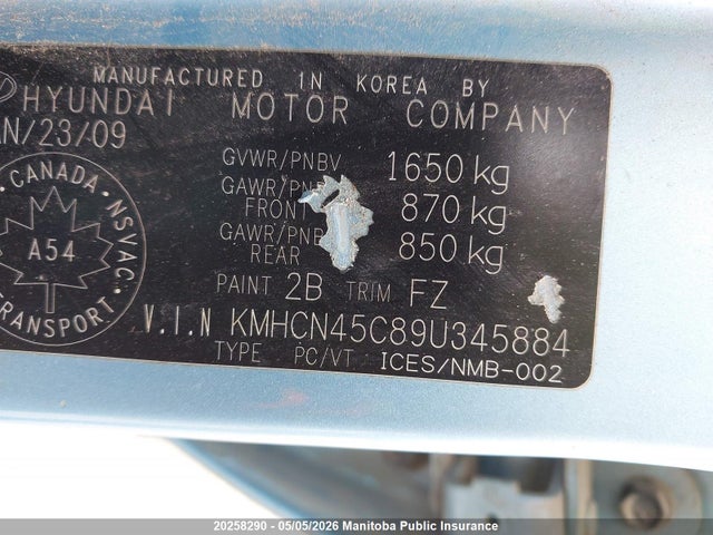 2009 Hyundai Accent Gl მანქანა იყიდება აუქციონზე, vin: KMHCN45C89U345884, აუქციონის ნომერი: 20258290