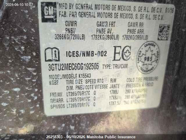 2016 Gmc Sierra 1500 Sle Crew Cab მანქანა იყიდება აუქციონზე, vin: 3GTU2MEC6GG192505, აუქციონის ნომერი: 20258303