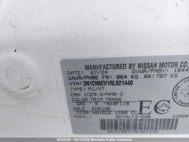 Aukcja sprzedaży 2024 Nissan Versa 1.6 Sv, vin: 3N1CN8EV1RL921440, numer aukcji: 20258306