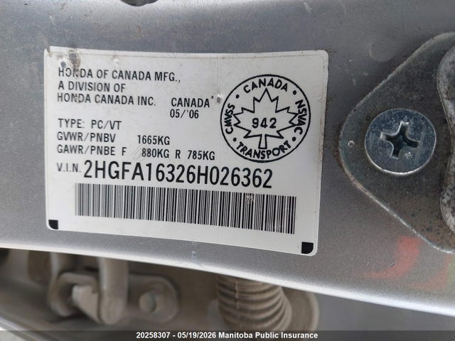 Aukcja sprzedaży 2006 Honda Civic Dx-g, vin: 2HGFA16326H026362, numer aukcji: 20258307