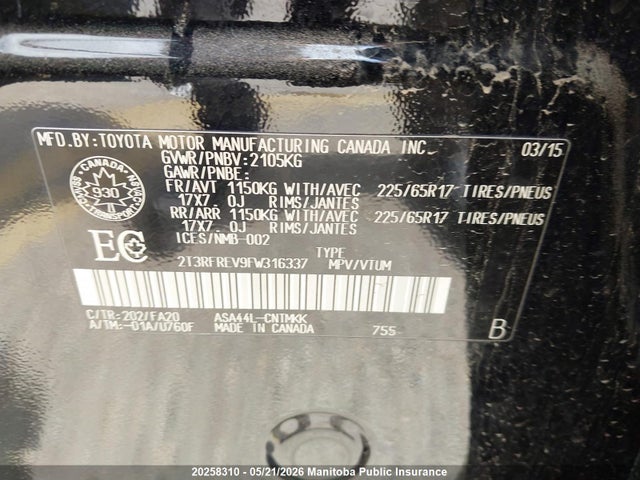 2T3RFREV9FW316337 Toyota Rav4 Xle