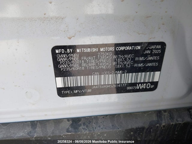 Aukcja sprzedaży 2025 Mitsubishi Outlander Se Phev, vin: JA4T5VA94SZ614177, numer aukcji: 20258324