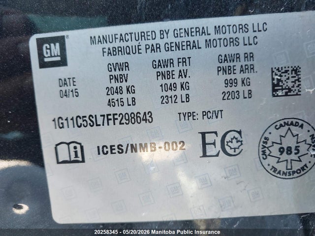 2015 Chevrolet Malibu Lt მანქანა იყიდება აუქციონზე, vin: 1G11C5SL7FF298643, აუქციონის ნომერი: 20258345