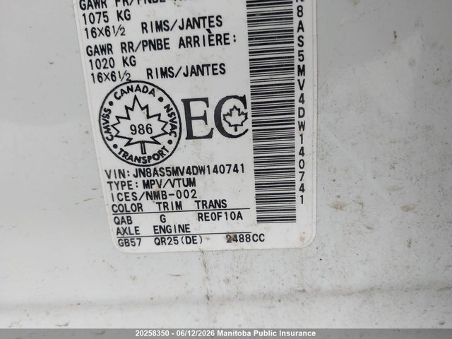 20258350 :رقم المزاد ، JN8AS5MV4DW140741 vin ، 2013 Nissan Rogue S مزاد بيع