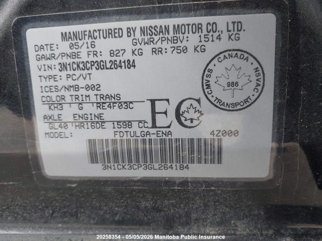 Продаж на аукціоні авто 2016 Nissan Micra Sr, vin: 3N1CK3CP3GL264184, номер лоту: 20258354