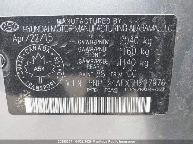 5NPE24AFXFH227976 Hyundai SONATA GL