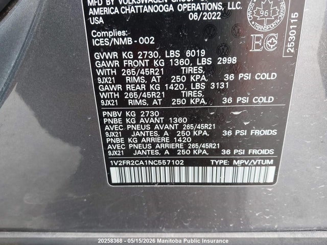 2022 Volkswagen Atlas Execline მანქანა იყიდება აუქციონზე, vin: 1V2FR2CA1NC557102, აუქციონის ნომერი: 20258368