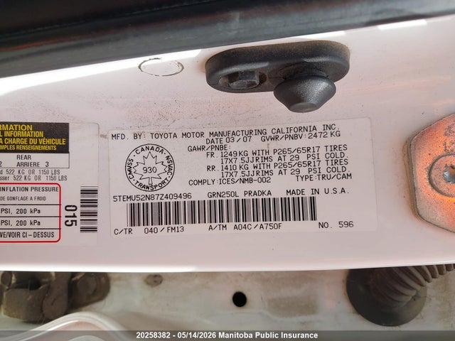 20258382 :رقم المزاد ، 5TEMU52N87Z409496 vin ، 2007 Toyota Tacoma Double Cab V6 مزاد بيع