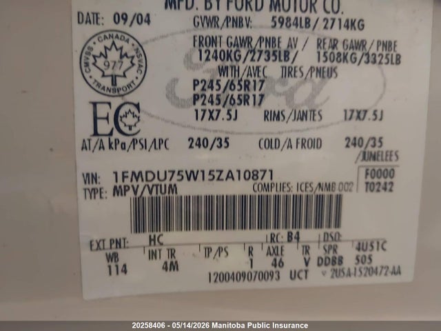 20258406 :رقم المزاد ، 1FMDU75W15ZA10871 vin ، 2005 Ford Explorer Limited مزاد بيع