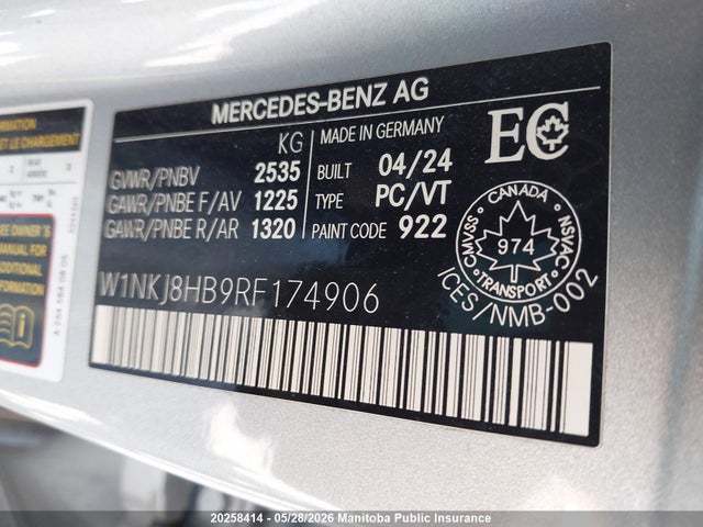 20258414 :رقم المزاد ، W1NKJ8HB9RF174906 vin ، 2024 Mercedes Benz Glc43 مزاد بيع