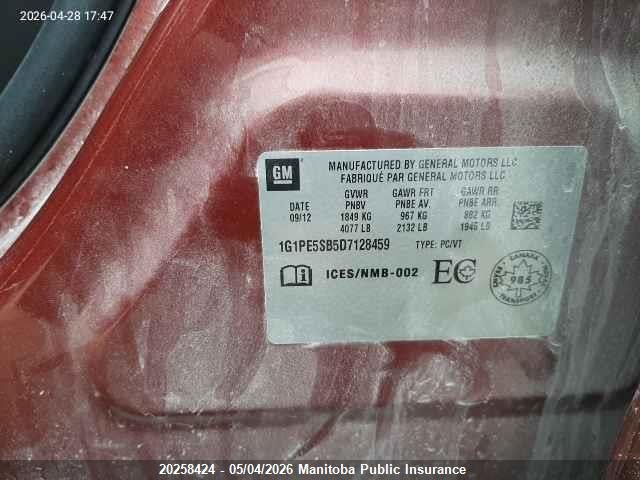 Aukcja sprzedaży 2013 Chevrolet Cruze Lt Turbo, vin: 1G1PE5SB5D7128459, numer aukcji: 20258424