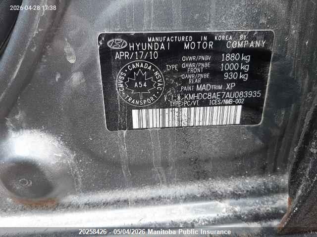 2010 Hyundai Elantra Touring Gls მანქანა იყიდება აუქციონზე, vin: KMHDC8AE7AU083935, აუქციონის ნომერი: 20258426
