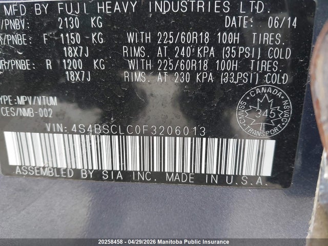 4S4BSCLC0F3206013 Subaru Outback 2.5i Limited