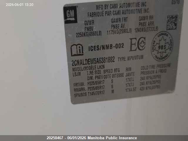 Продаж на аукціоні авто 2010 Chevrolet Equinox Lt, vin: 2CNALDEW5A6381882, номер лоту: 20258467