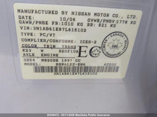 Продажа на аукционе авто 2007 Nissan Sentra 2.0 S, vin: 3N1AB61E87L615102, номер лота: 20258472