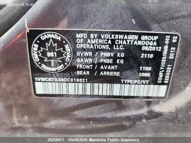 20258477 :رقم المزاد ، 1VWCN7A38DC018621 vin ، 2013 Volkswagen Passat 2.0 Tdi مزاد بيع