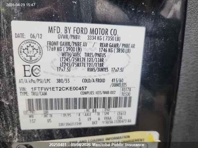 Aukcja sprzedaży 2012 Ford F150 Xlt Supercrew, vin: 1FTFW1ET2CKE00457, numer aukcji: 20258481