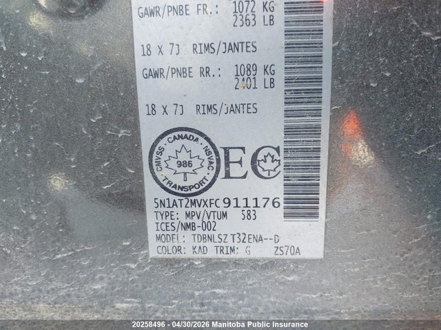 20258496 :رقم المزاد ، 5N1AT2MVXFC911176 vin ، 2015 Nissan Rogue Sl مزاد بيع