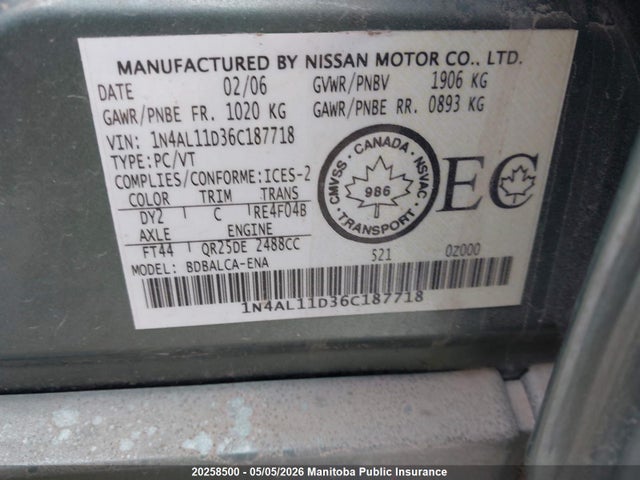 2006 Nissan Altima 2.5 S მანქანა იყიდება აუქციონზე, vin: 1N4AL11D36C187718, აუქციონის ნომერი: 20258500