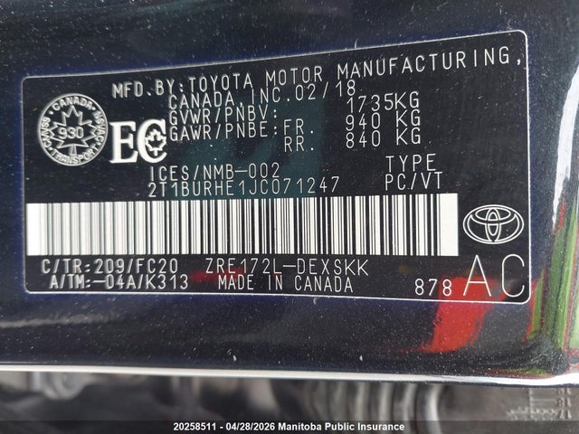 2T1BURHE1JC071247 Toyota COROLLA SE