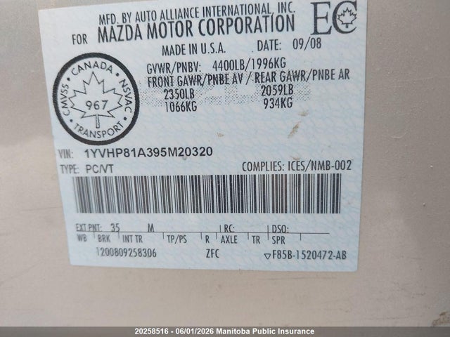 20258516 :رقم المزاد ، 1YVHP81A395M20320 vin ، 2009 Mazda Mazda6 Gs مزاد بيع