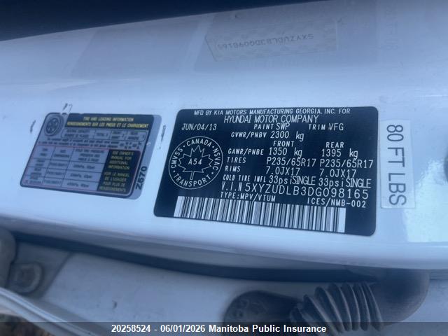 20258524 :رقم المزاد ، 5XYZUDLB3DG098165 vin ، 2013 Hyundai Santa Fe مزاد بيع