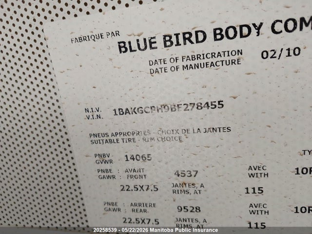 Продажа на аукционе авто 2011 Bluebird Vision, vin: 1BAKGCPH9BF278455, номер лота: 20258539