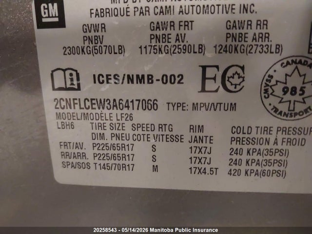 2010 Chevrolet Equinox Ls მანქანა იყიდება აუქციონზე, vin: 2CNFLCEW3A6417066, აუქციონის ნომერი: 20258543
