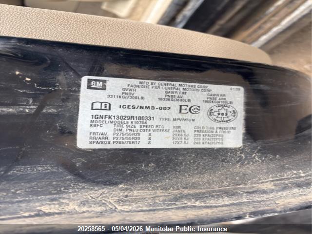 Aukcja sprzedaży 2009 Chevrolet Tshoe, vin: 1GNFK13029R180331, numer aukcji: 20258565