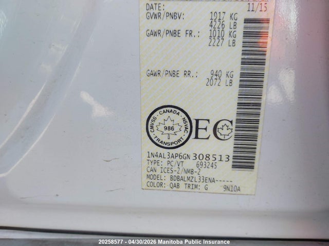 1N4AL3AP6GN308513 Nissan Altima 2.5 Sv