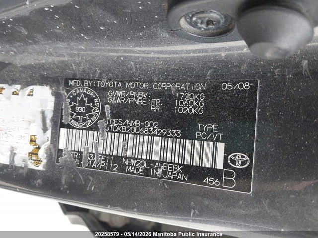 20258579 :رقم المزاد ، JTDKB20U683429333 vin ، 2008 Toyota Prius مزاد بيع