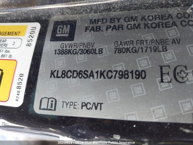 Aukcja sprzedaży 2019 Chevrolet Spark Ls, vin: KL8CD6SA1KC798190, numer aukcji: 20258622