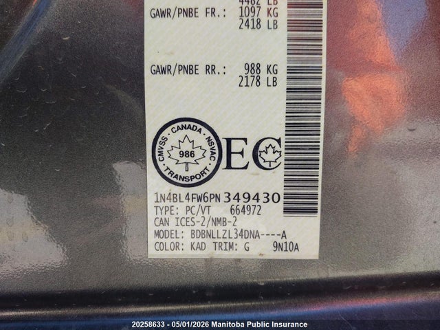 1N4BL4FW6PN349430 Nissan Altima 2.5 Platinum
