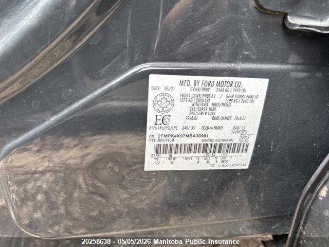 Продажа на аукционе авто 2021 Ford Edge Titanium, vin: 2FMPK4K97MBA30981, номер лота: 20258638