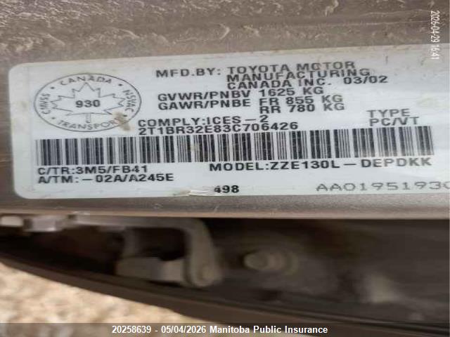 20258639 :رقم المزاد ، 2T1BR32E83C706426 vin ، 2003 Toyota Corolla Ce مزاد بيع