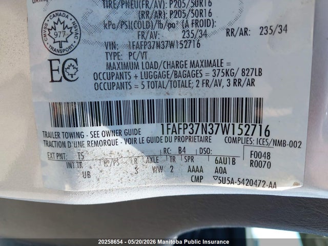 Aukcja sprzedaży 2007 Ford Focus Zx5 Ses, vin: 1FAFP37N37W152716, numer aukcji: 20258654