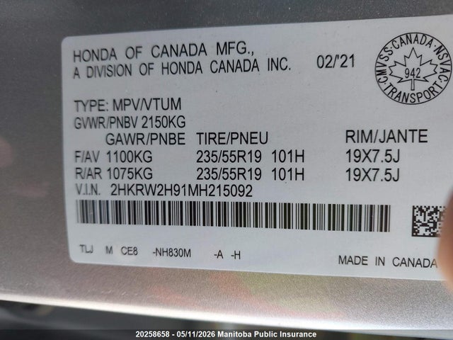 2HKRW2H91MH215092 Honda Cr-v Touring