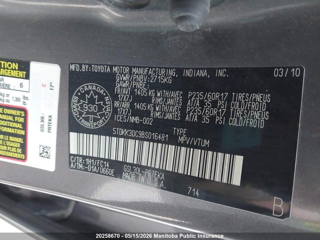 20258670 :رقم المزاد ، 5TDKK3DC9BS016481 vin ، 2011 Toyota Sienna Le V6 مزاد بيع