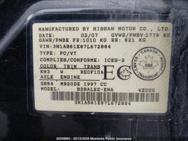 Aukcja sprzedaży 2007 Nissan Sentra 2.0 S, vin: 3N1AB61E87L672884, numer aukcji: 20258683