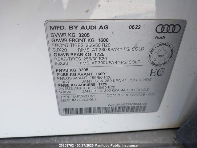 2022 Audi E-tron 55 Technik Sportback მანქანა იყიდება აუქციონზე, vin: WA13AAGEXNB044725, აუქციონის ნომერი: 20258702