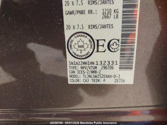 5N1AZ2MH1HN132331 Nissan Murano Platinum