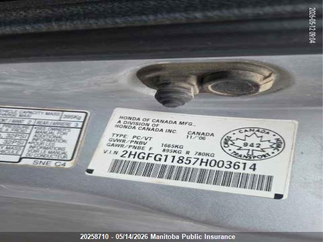 Aukcja sprzedaży 2007 Honda Civic Ex, vin: 2HGFG11857H003614, numer aukcji: 20258710