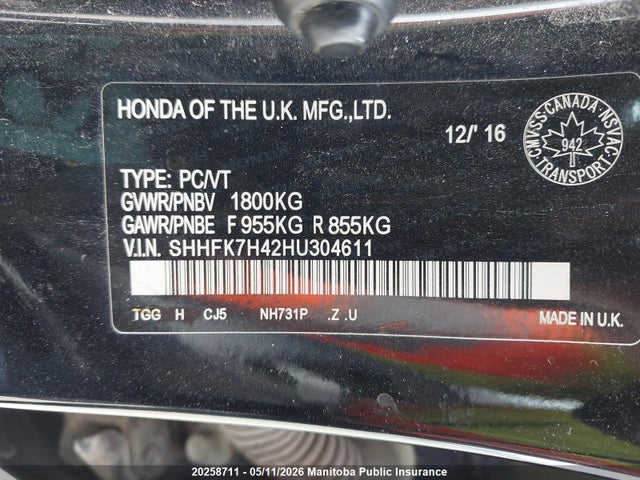 20258711 :رقم المزاد ، SHHFK7H42HU304611 vin ، 2017 Honda Civic Sport مزاد بيع